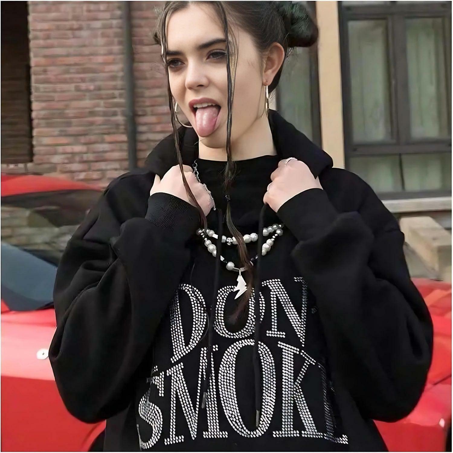 I Don't Smoke Y2K Rhinestone Hoodie - Retro Grunge Summer Style