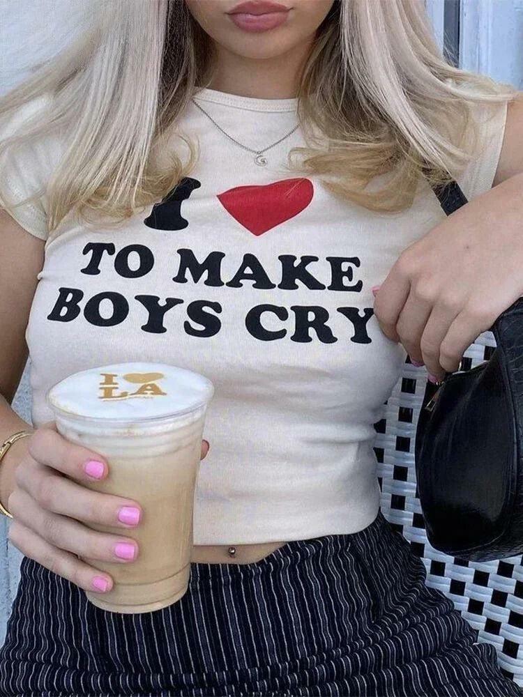 I Love To Make Boys Cry Y2K Baby Tee - Retro 90s Grunge Style