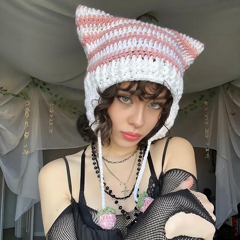 Kawaii Cat Ear Knitted Beanie - Y2K Fashion Accessory for Retro Vibes