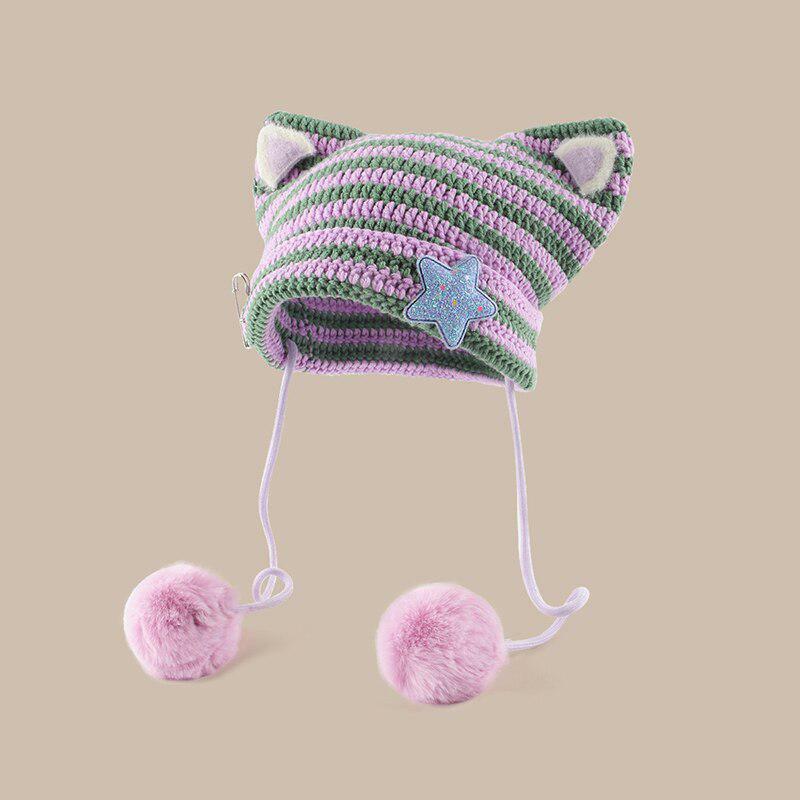 Kawaii Cat Ear Pom-Pom Beanie - Y2K Fashion Accessory for Retro Vibes