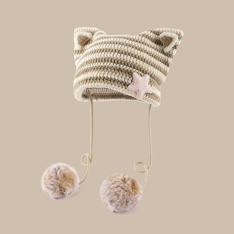 Kawaii Cat Ear Pom-Pom Beanie - Y2K Fashion Accessory for Retro Vibes