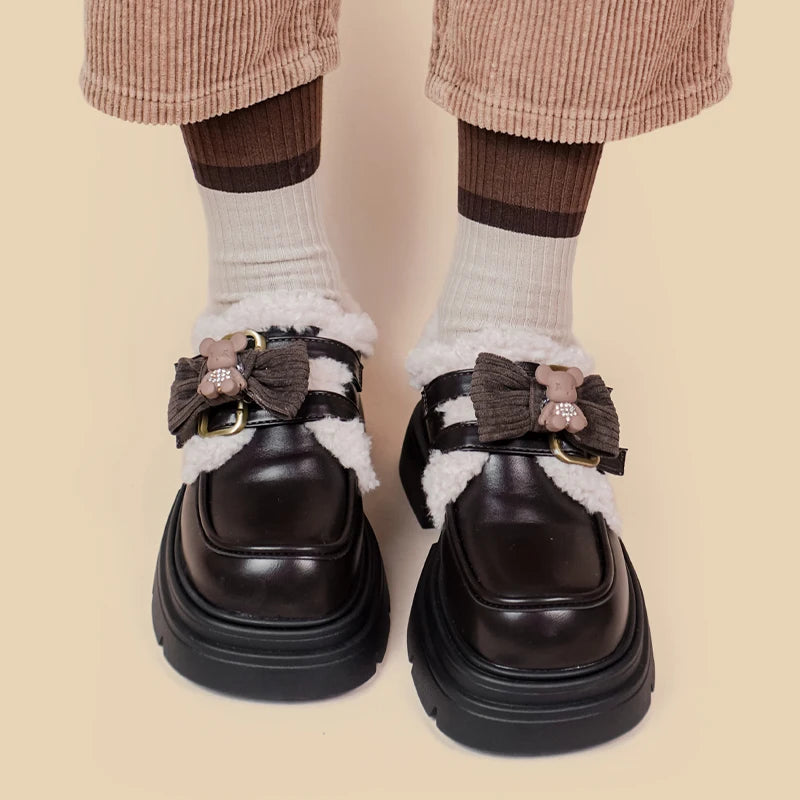 Kawaii Teddy Bear Platform Oxford Shoes for Y2K Summer Outfits