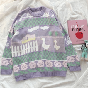 Kawaii Y2K Farm Sweater: Retro 90s Style for Trendy Summer Outfits