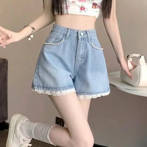 Lace Wide Leg Denim Shorts - Y2K Summer Outfit for Retro Vibes