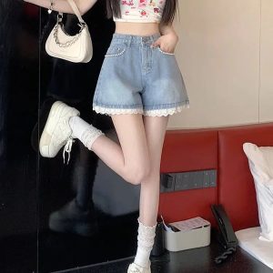 Lace Wide Leg Denim Shorts - Y2K Summer Outfit for Retro Vibes