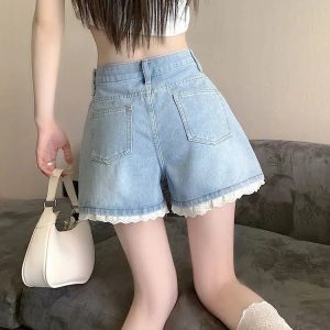 Lace Wide Leg Denim Shorts - Y2K Summer Outfit for Retro Vibes