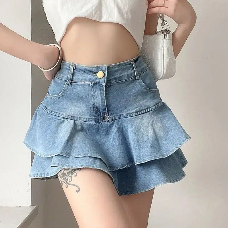 Layered Ruffled Denim Mini Skirt - Y2K Summer Outfit Essential