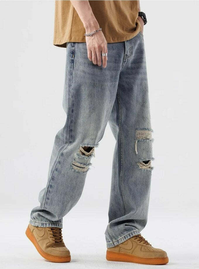 Light Wash Distressed Knee Jeans - Y2K Grunge Style for Summer Outfits