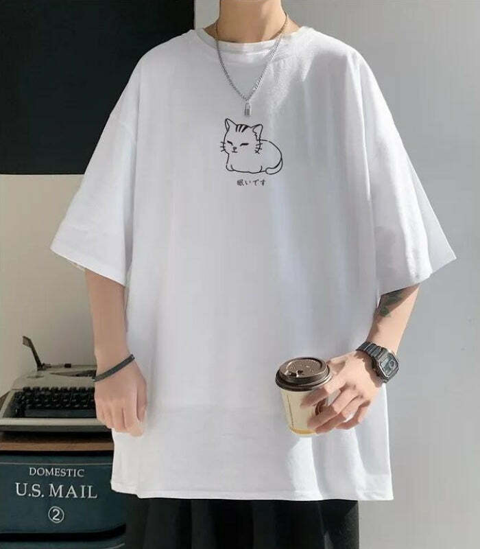 Lying Cat Y2K Drop Shoulder Tee - Retro Grunge Summer Outfit