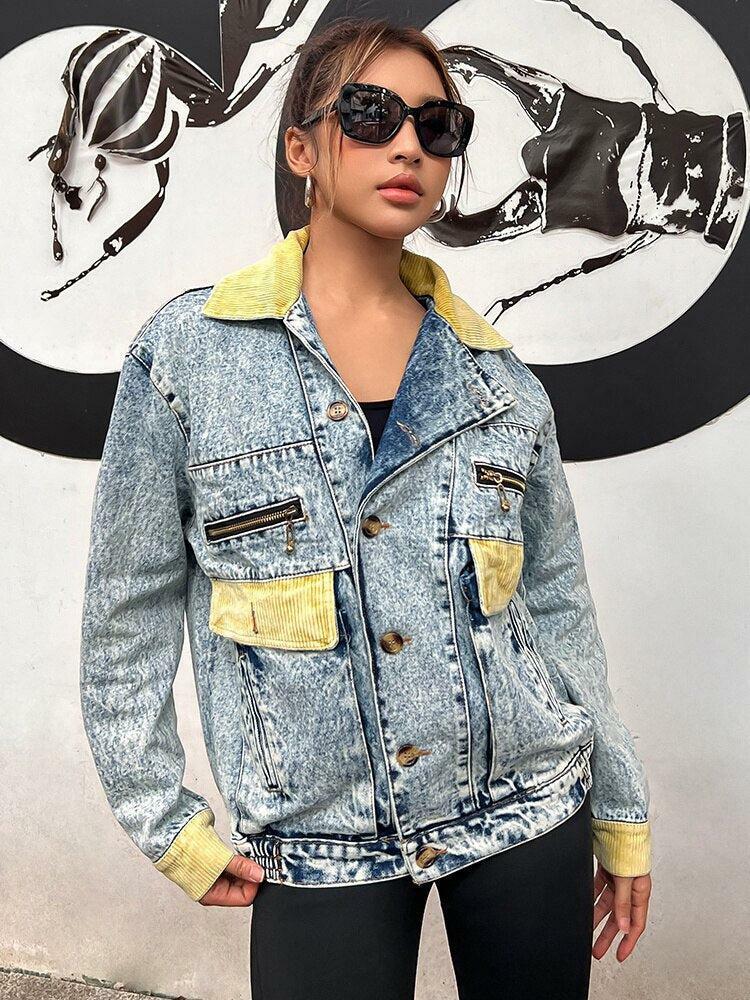 Mid Wash Y2K Patchwork Denim Jacket - Retro 90s Grunge Style Outerwear