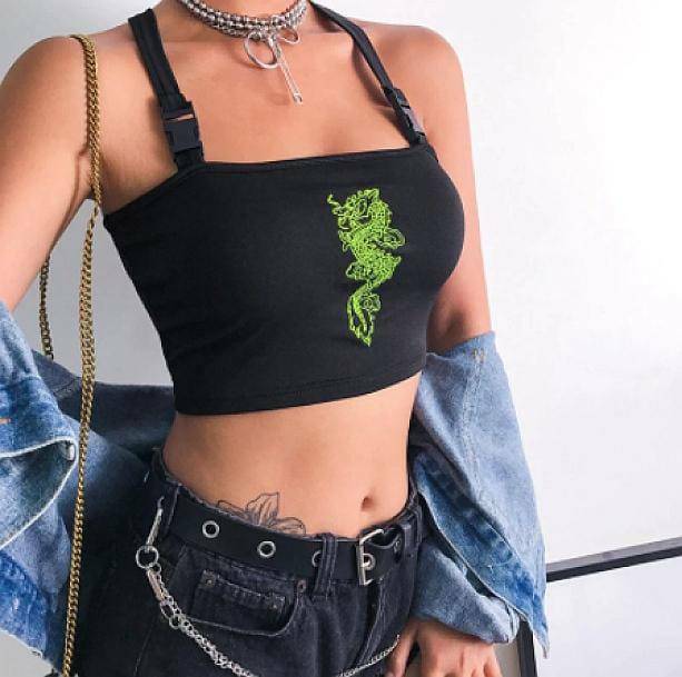 Neon Dragon Y2K Top: Retro 90s Grunge Summer Outfit Essential