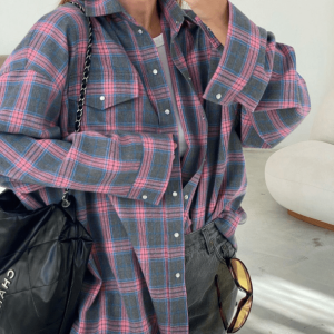 Oversized Pink Plaid Shirt - Y2K Grunge Style for Effortless Summer Vibes