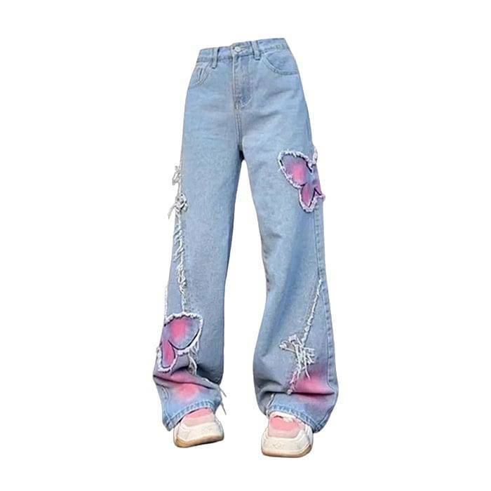 Pastel Butterfly Y2K Wide Leg Jeans for Retro Summer Vibes