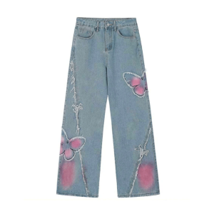 Pastel Butterfly Y2K Wide Leg Jeans for Retro Summer Vibes