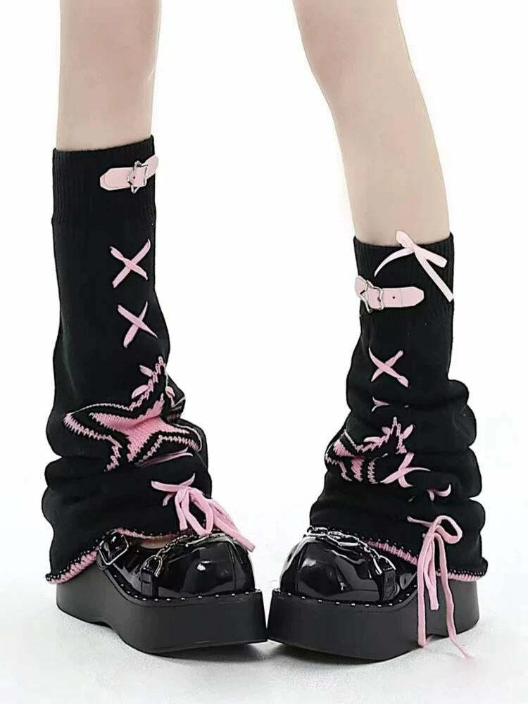 Pastel Goth Lace-Up Belted Leg Warmers for Y2K Summer Outfits