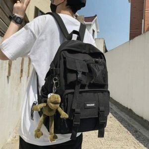 Pure Black Y2K Backpack: Retro Style for Grunge and 90s Outfits