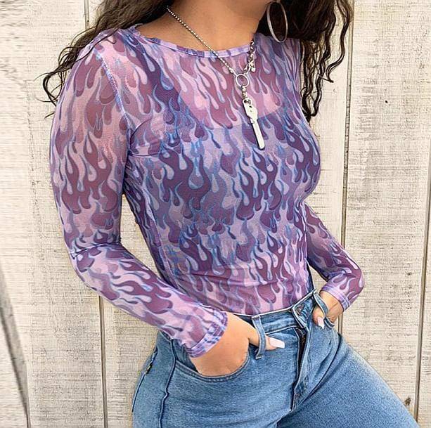 Purple Flames Y2K Top: Retro Grunge Style for Summer Outfits