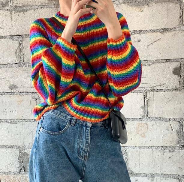 Rainbow Vibes Y2K Sweater: Retro 90s Grunge Style for Summer Outfits