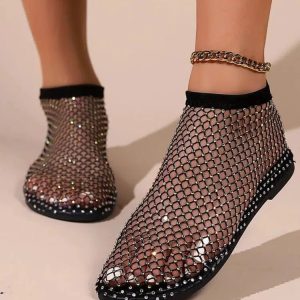 Rhinestone Fishnet Ballerina Flats - Y2K Grunge Style Summer Shoes