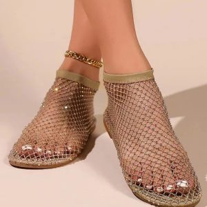 Rhinestone Fishnet Ballerina Flats - Y2K Grunge Style Summer Shoes