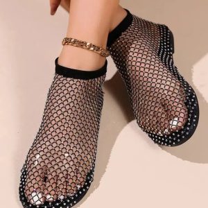 Rhinestone Fishnet Ballerina Flats - Y2K Grunge Style Summer Shoes