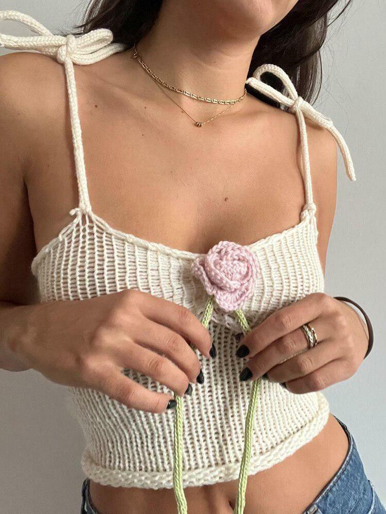 Rose Detailed Y2K Knitted Crop Top for Retro Summer Outfits