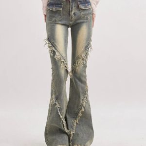 Soft Grunge Tasseled Flare Jeans - Y2K Inspired Retro Style Outfit