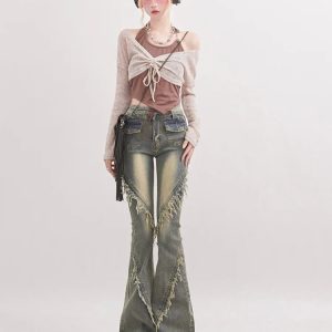 Soft Grunge Tasseled Flare Jeans - Y2K Inspired Retro Style Outfit