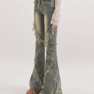 Soft Grunge Tasseled Flare Jeans - Y2K Inspired Retro Style Outfit