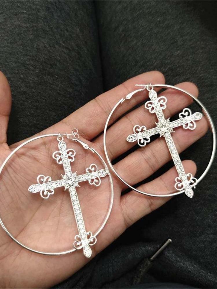 Sparkle Cross Hoop Earrings - Y2K Inspired Grunge Accessories for Women