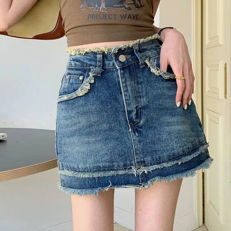 Tasseled Denim Mini Skort - Y2K Summer Outfit for Retro Vibes