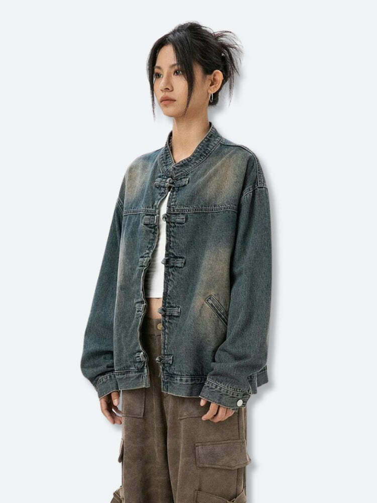 Trendy Distressed Denim Jacket for Y2K Summer Outfits & 90s Vibes