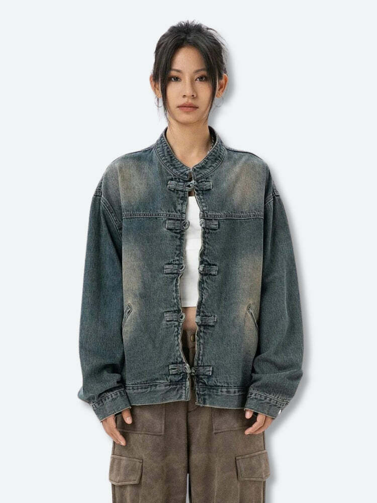 Trendy Distressed Denim Jacket for Y2K Summer Outfits & 90s Vibes