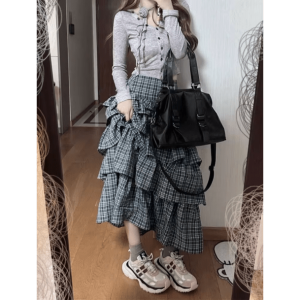 Trendy Long Plaid Y2K Skirt for Summer Grunge and Retro Outfits