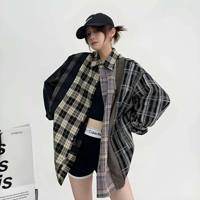 Trendy Multi-Pattern Plaid Shirt for Y2K Summer Outfits & 90s Vibes