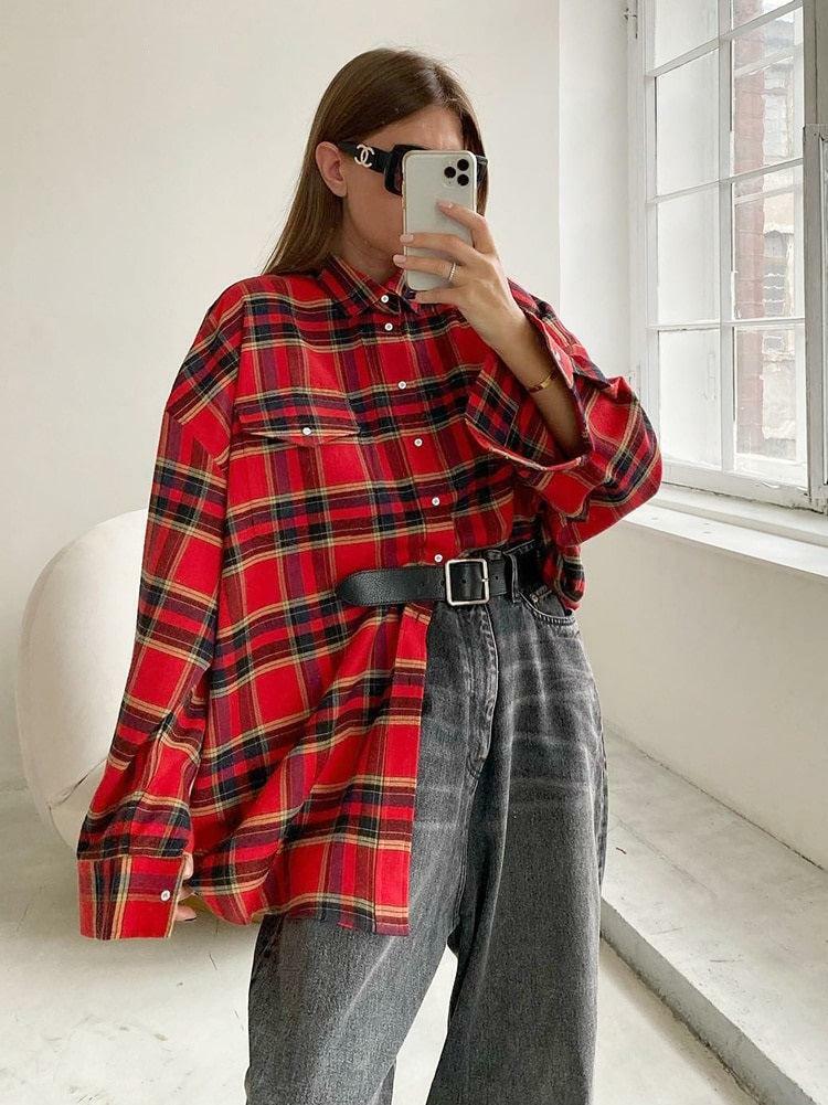 Trendy Oversized Plaid Shirt - Y2K Grunge Outfit Essential for Summer