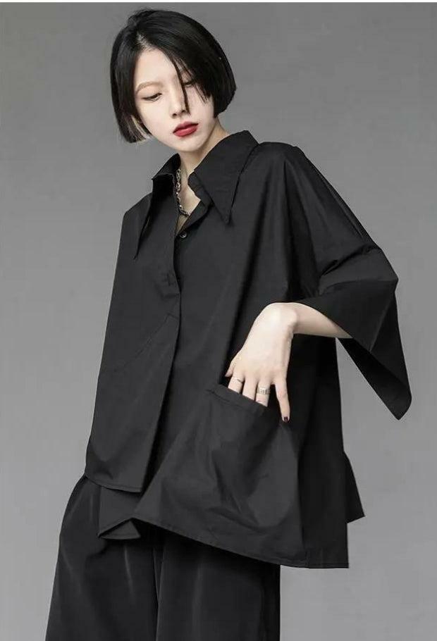 Trendy Y2K Asymmetric Black Shirt for Grunge and Retro Summer Outfits