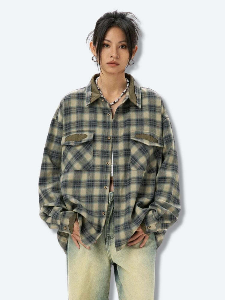 Trendy Y2K Checkered Shirt for Summer: Retro Grunge Outfit Essential