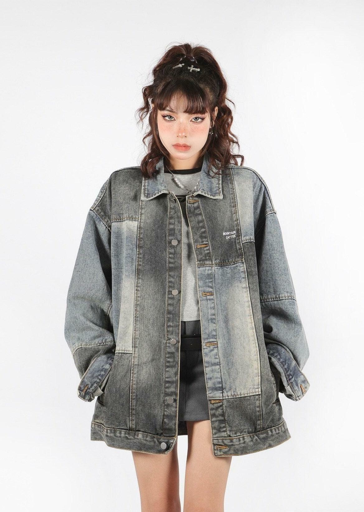 Trendy Y2K Patchwork Oversized Denim Jacket for Retro Summer Vibes