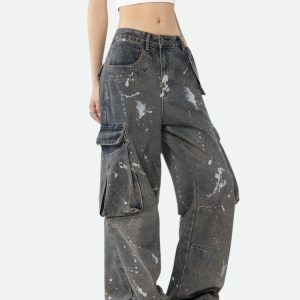 Trendy Y2K Stained Cargo Jeans for Retro Summer Outfits & Grunge Vibes