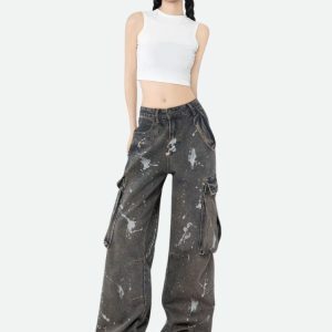 Trendy Y2K Stained Cargo Jeans for Retro Summer Outfits & Grunge Vibes