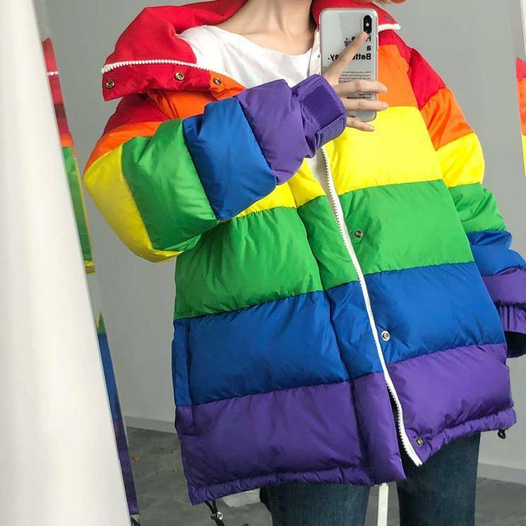 Vibrant Y2K Puffy Rainbow Jacket for Retro Summer Outfits