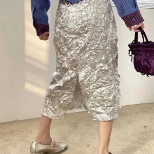 Wrinkled Silver Y2K Midi Skirt for Retro Summer Outfits