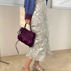 Wrinkled Silver Y2K Midi Skirt for Retro Summer Outfits