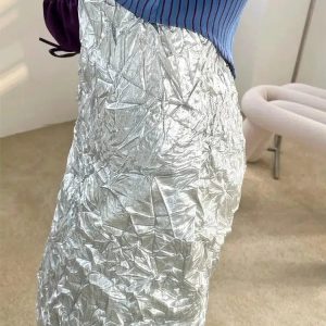 Wrinkled Silver Y2K Midi Skirt for Retro Summer Outfits