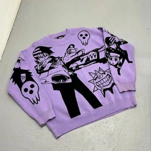 Y2K Anime Knitted Sweater: Retro Style for Y2K Fashion Lovers