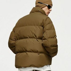 Y2K Asymmetric Hem Zip-Up Puffer Jacket for Trendy Summer Outfits