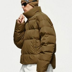 Y2K Asymmetric Hem Zip-Up Puffer Jacket for Trendy Summer Outfits