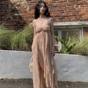 Y2K Backless Chiffon Midi Dress for Summer Parties and Retro Vibes