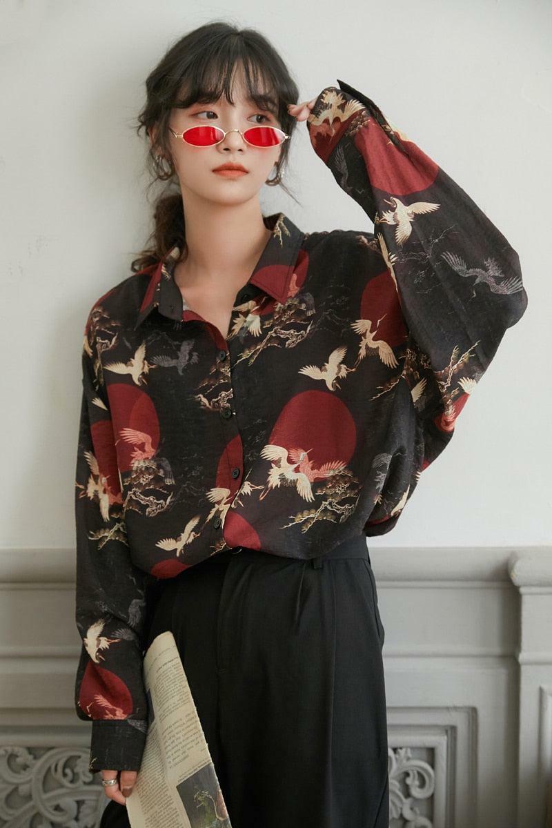 Y2K Bird Pattern Long Sleeve Shirt - Retro 90s Grunge Style Top